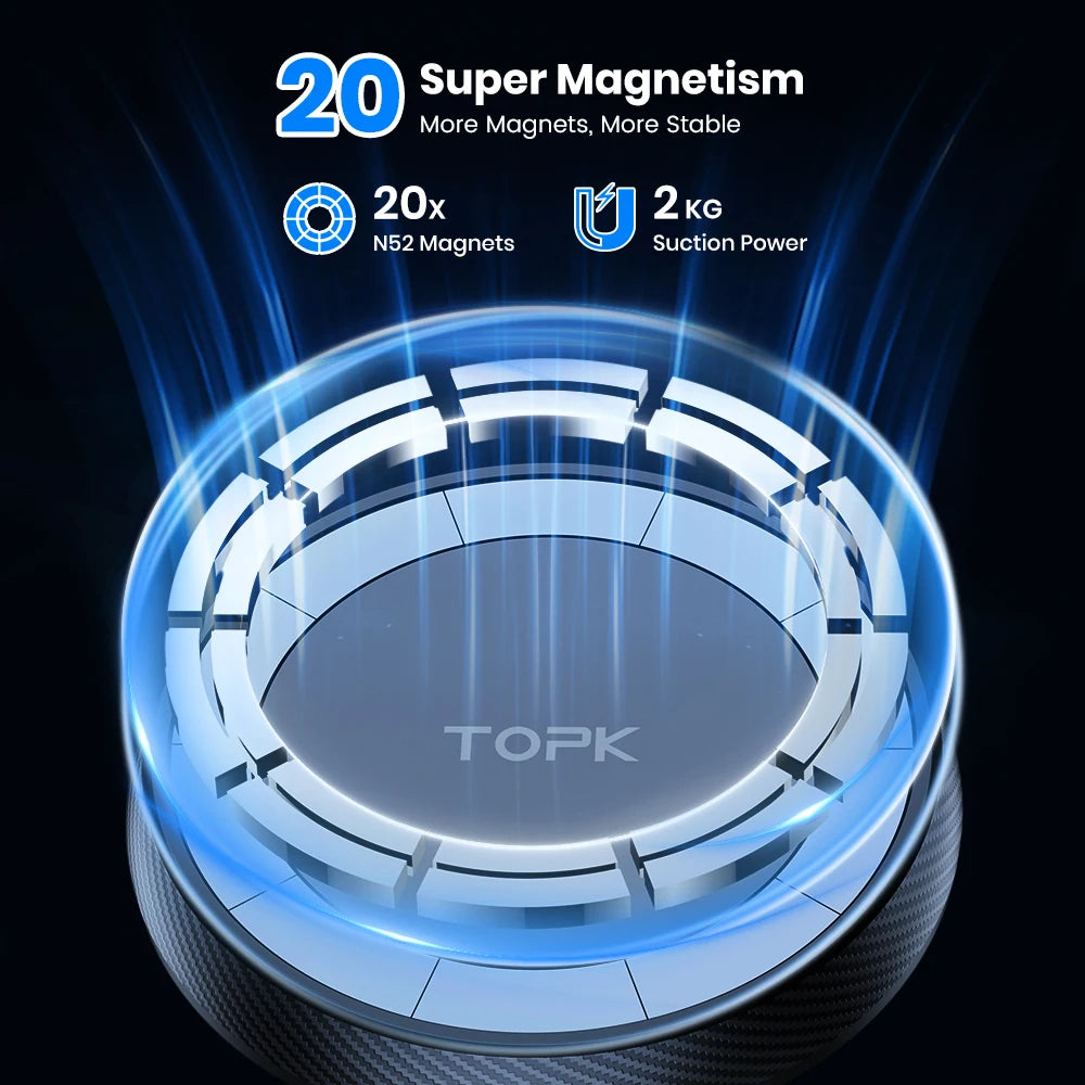 Round, black magnetic phone mount with 20 visible silver magnets and glowing blue light effects on a dark background.