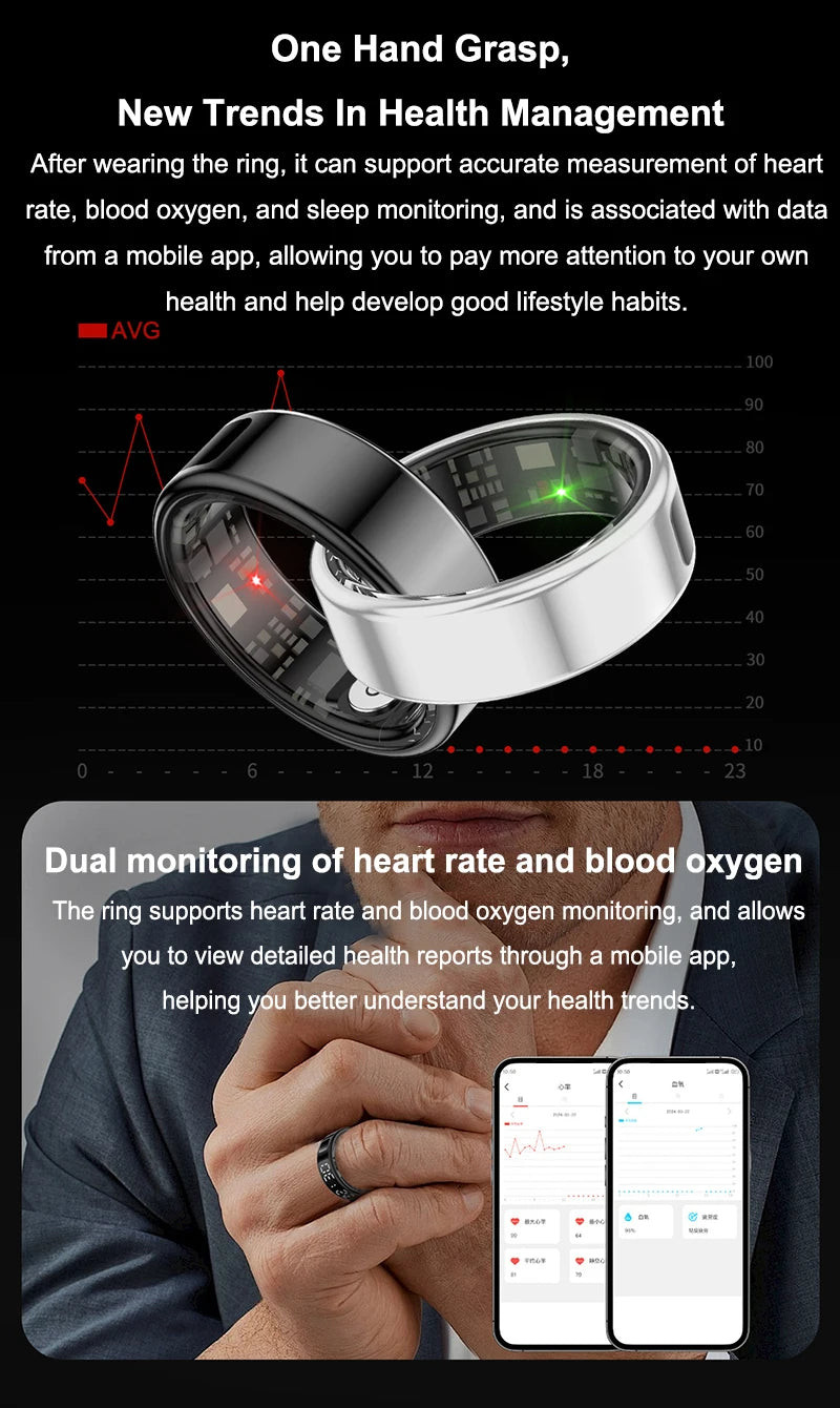 Sleek black and silver smart health rings for heart rate, blood oxygen, and sleep tracking with mobile app data.