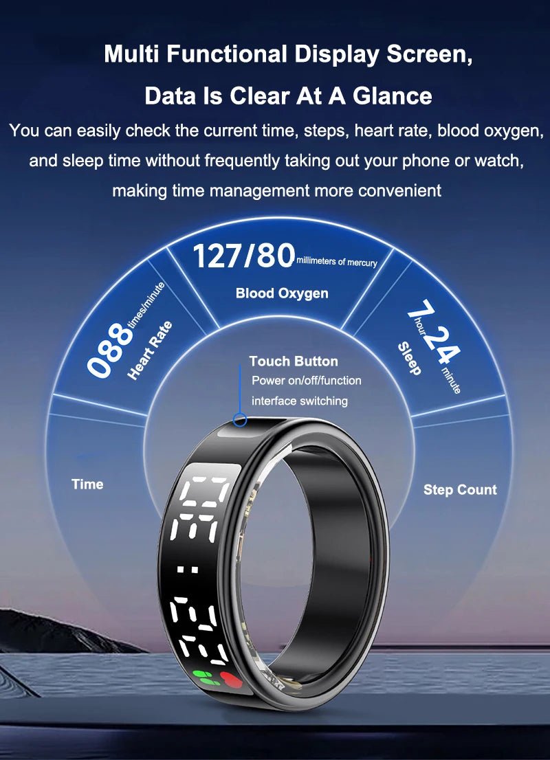 Sleek black smart health ring featuring a digital display for time, heart rate, sleep tracking and step count.