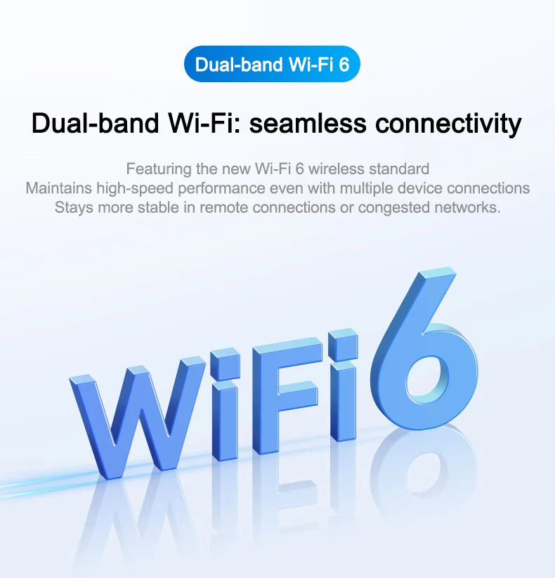 Infographic showing Dual-band Wi-Fi 6 connectivity, highlighting fast and stable performance for the slim laptop.