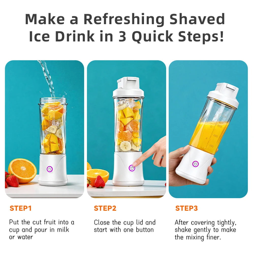 Three-step guide showing a white portable electric blender used to make a fruit drink on a teal background.