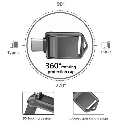 Black, portable USB 3.2 flash drive featuring a 360-degree rotating protective cap, 90-degree lock and keyring loop.