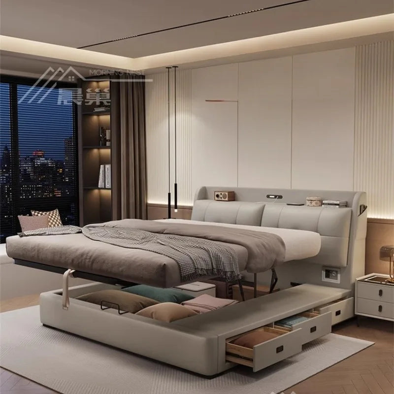 Modern cream upholstered storage bed with a lift-up frame and integrated bedside drawers in a contemporary bedroom.