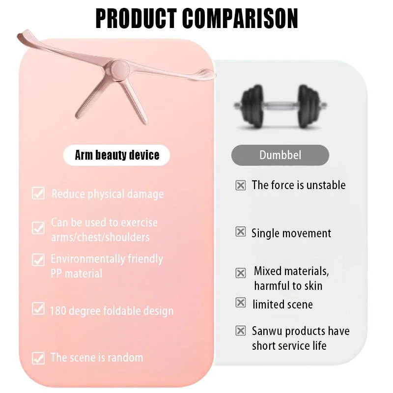 Comparison infographic showing a pink, foldable multifunctional arm trainer versus a traditional dumbbell.