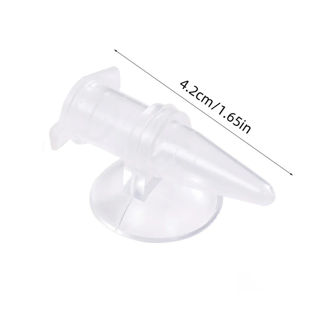Clear plastic suction cup hook with a pointed, conical design, measuring 4.2cm / 1.65in long.