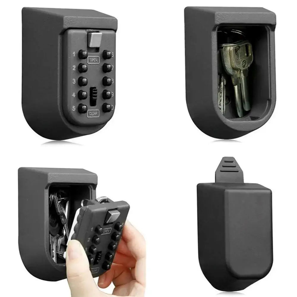 Grey metal wall-mounted key lock box with a push-button combination keypad and protective cover.