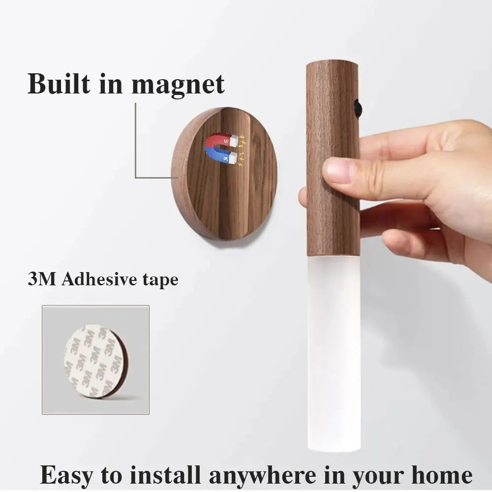 Rechargeable wooden-style LED night light with motion sensor, magnetic mount, and adhesive backing for easy installation.