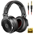 Black wired over-ear studio headphones with red accents, adjustable headband, and included audio jacks.