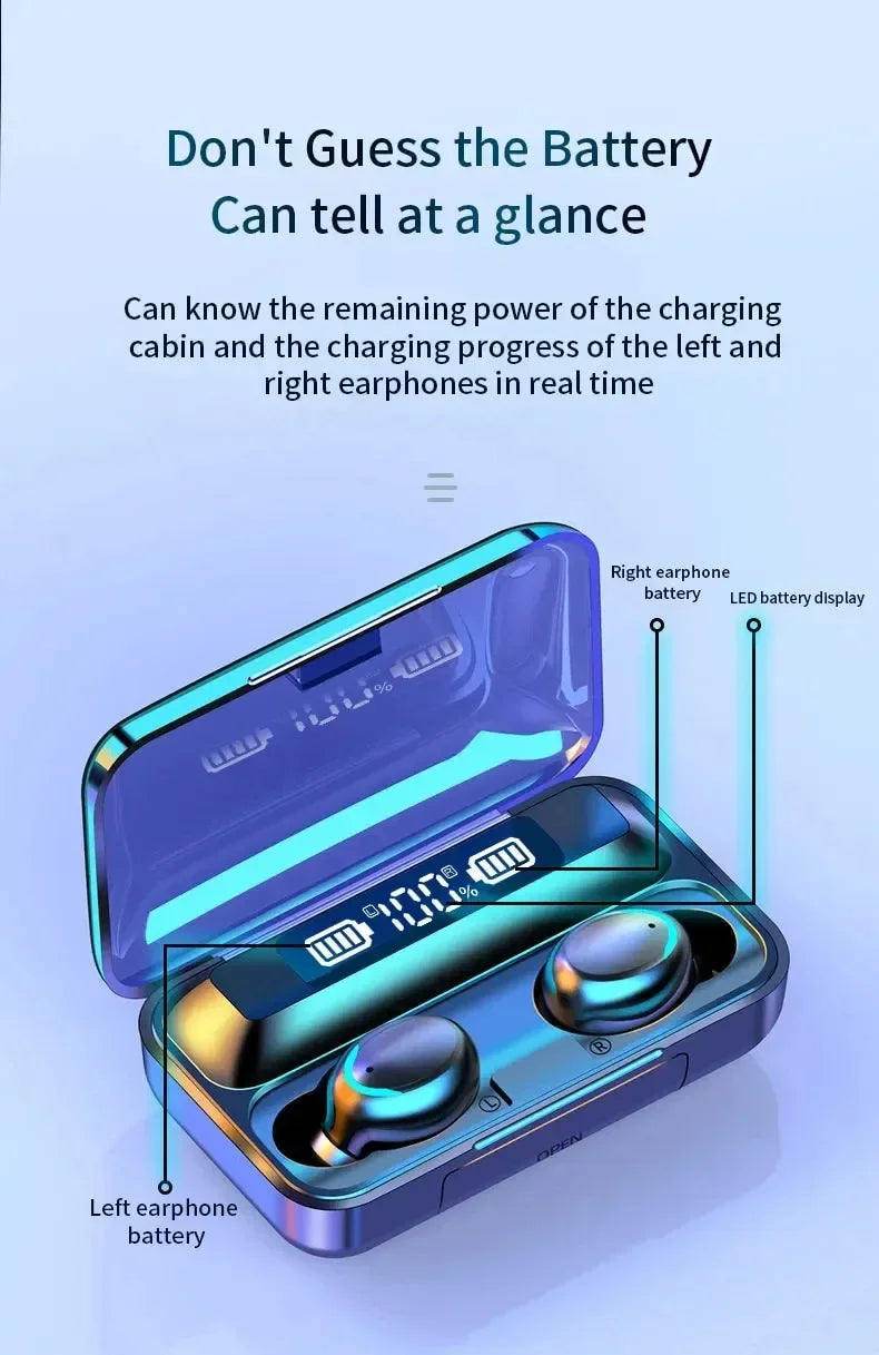 Metallic blue wireless earbuds in a charging case featuring a digital LED battery percentage display screen.
