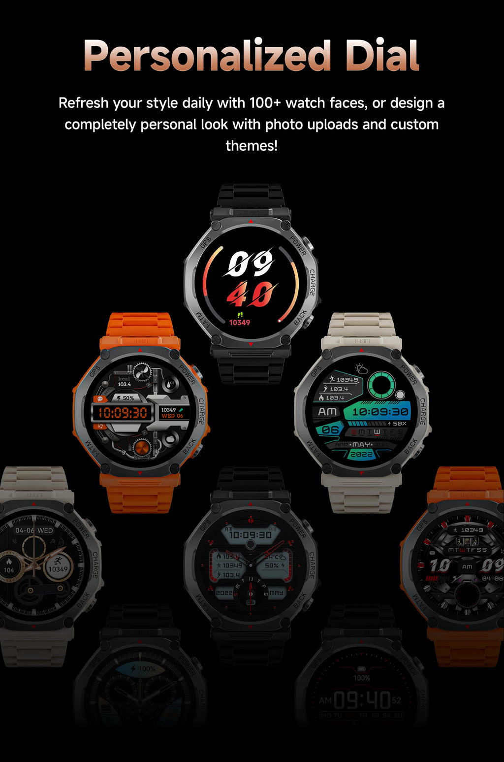 Group of smartwatches in black, orange, and beige with varied digital watch faces and rugged, functional designs.