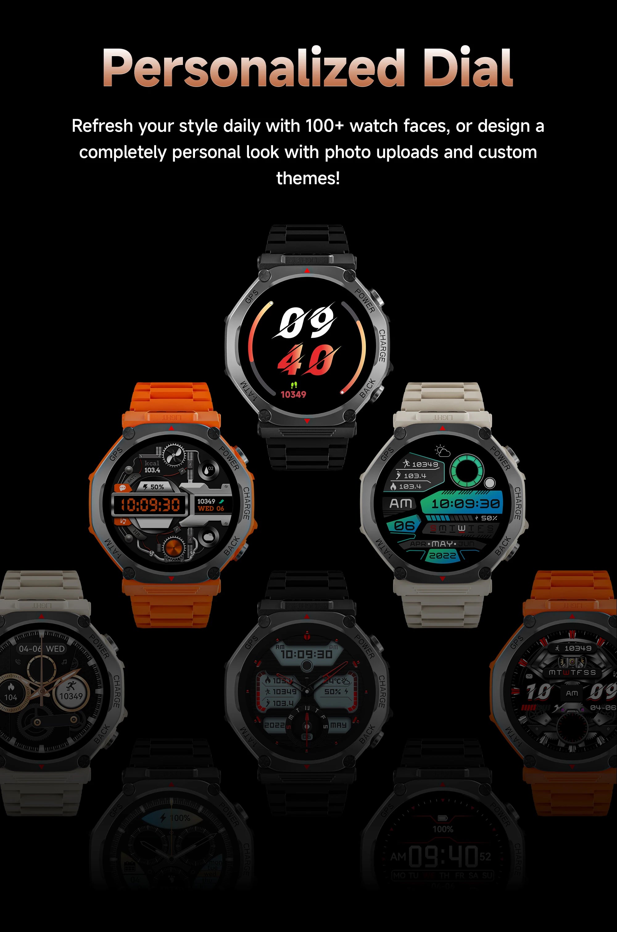 Group of smartwatches in black, orange, and beige with varied digital watch faces and rugged, functional designs.