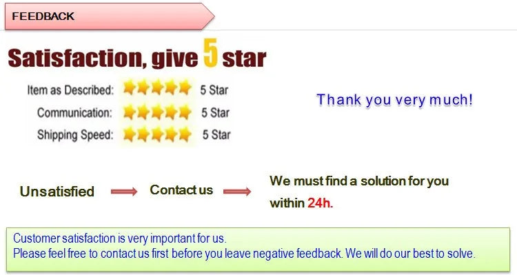 Customer feedback request graphic with five-star rating scale and instructions to contact the seller if unsatisfied.