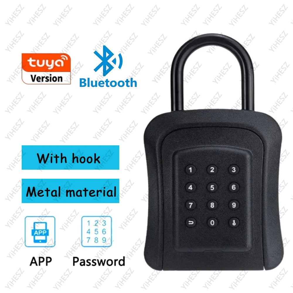 Black metal key lock box with a hook, numeric keypad, Bluetooth connectivity, and app control.