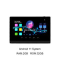 7-inch black in-wall Android smart amplifier with a vibrant touch-screen display showing a music playback interface.