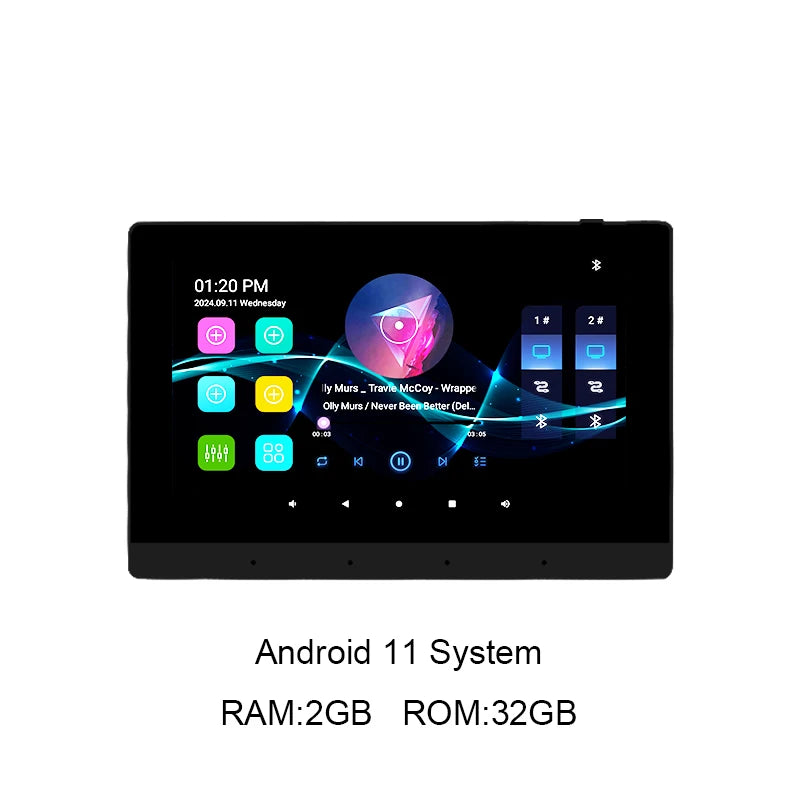 7-inch black in-wall Android smart amplifier with a vibrant touch-screen display showing a music playback interface.