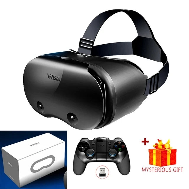 Black VR headset with adjustable strap, a matching black game controller, a white box, and a wrapped gift box.