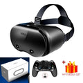 Black VR headset with adjustable strap, a matching black game controller, a white box, and a wrapped gift box.