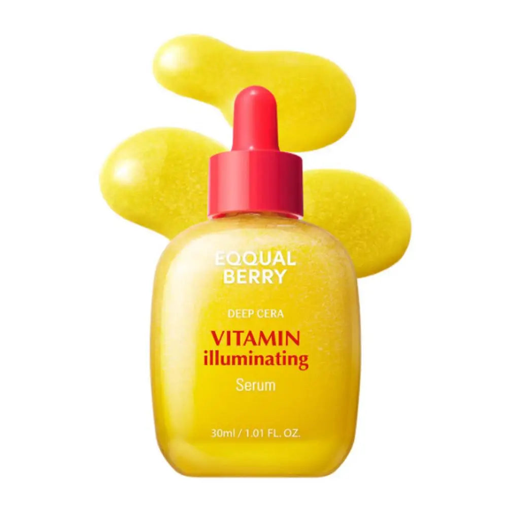 Yellow 30ml illuminating facial serum in a clear bottle with a vibrant red dropper lid, set against yellow gel drops.