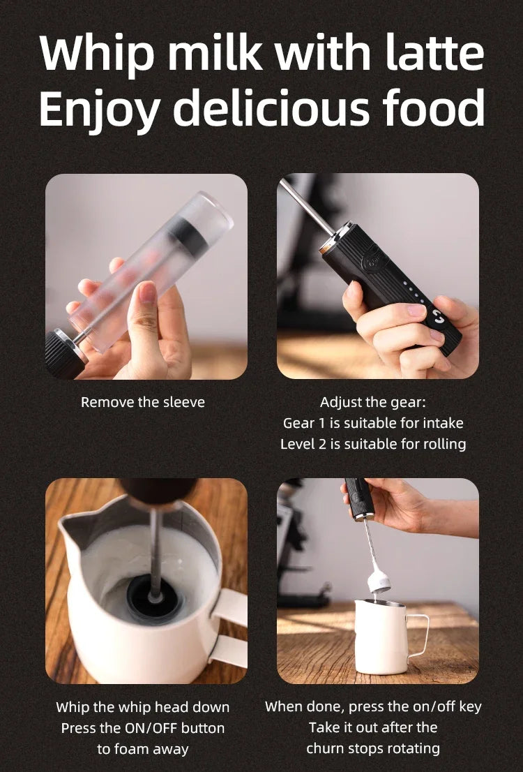 Portable black electric milk frother with a protective sleeve, showing usage steps for whipping milk in a metal pitcher.