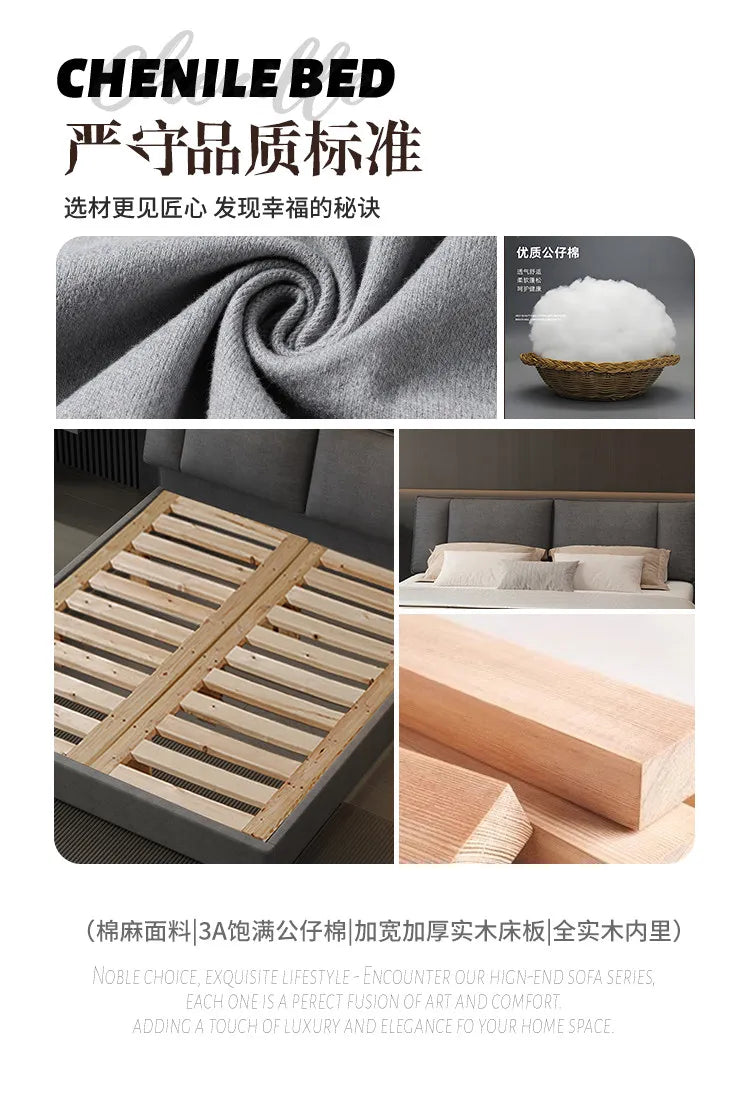Modern grey upholstered double bed with a buttoned headboard, solid wood slats, and integrated storage.