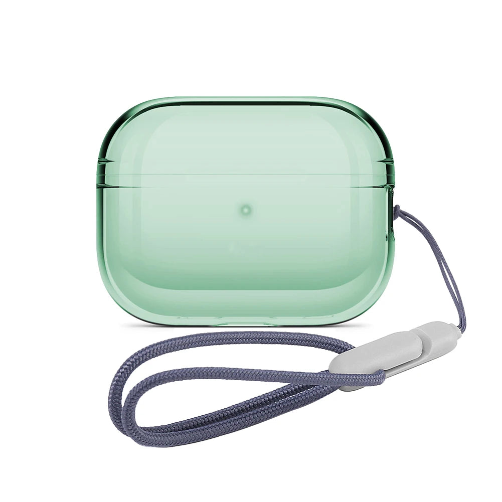 Translucent green plastic case for AirPods Pro with an attached grey woven lanyard strap.