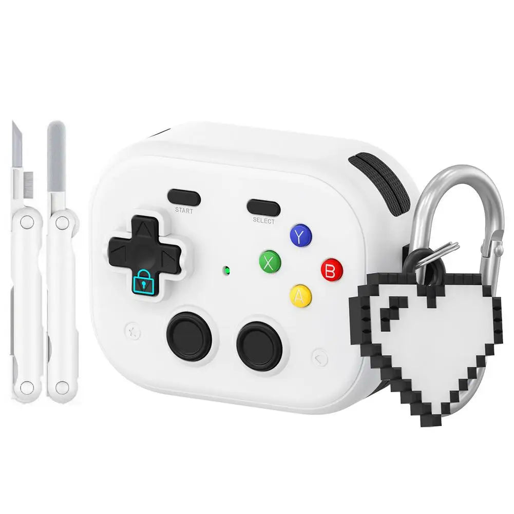White silicone AirPods Pro case, retro games controller design with pixel heart charm and clip.