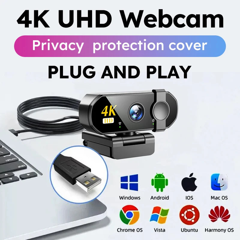 Black 4K USB webcam with a privacy cover and built-in microphone, shown with a USB cable and operating system icons.
