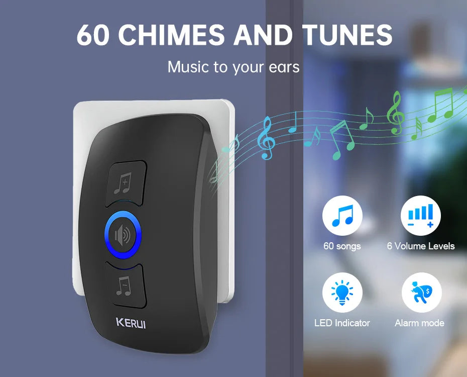 Black and white plastic plug-in wireless doorbell with 60 chimes, 6 volume levels, and LED indicator.