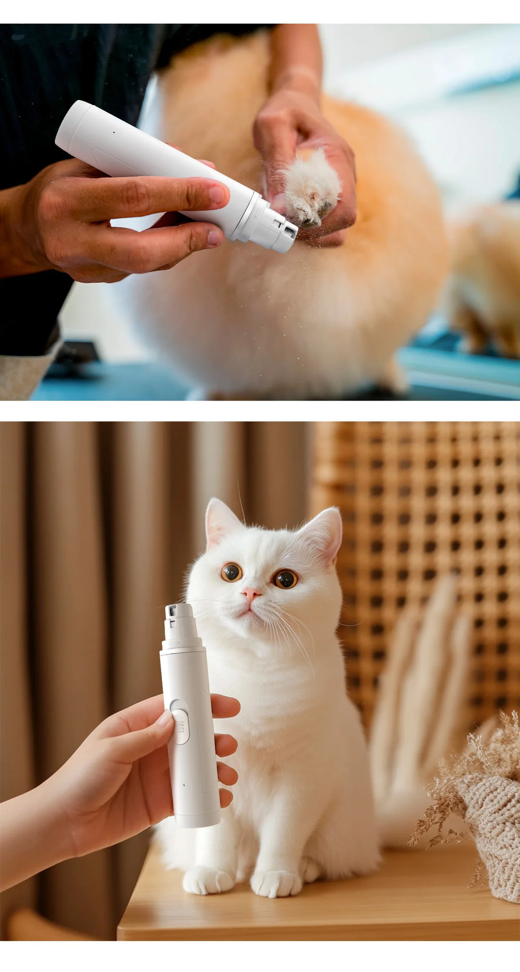 White, cordless electric pet nail grinder being used on a dog and held next to a cat. Sleek, ergonomic design.