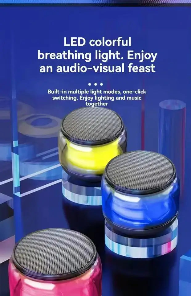 Three mini portable Bluetooth speakers in yellow, blue and pink with circular mesh tops and colourful LED light bases.