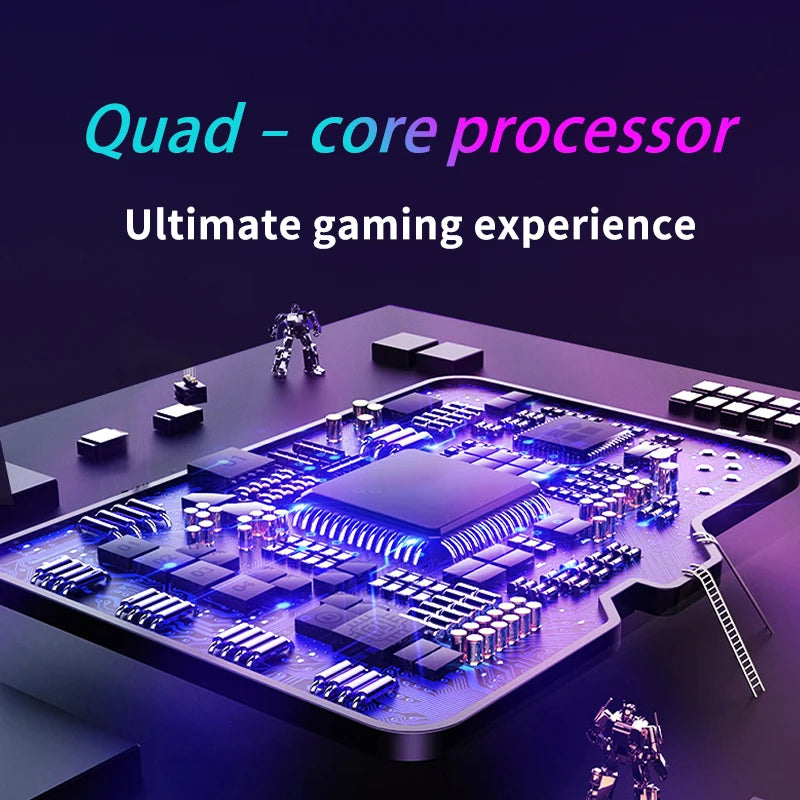 Purple H36S handheld retro gaming console circuit board with a central quad-core processor and blue lighting.