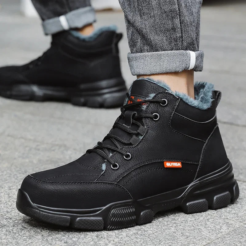 Black leather safety work boot with lace-up front, thick rubber sole, and grey plush winter lining.