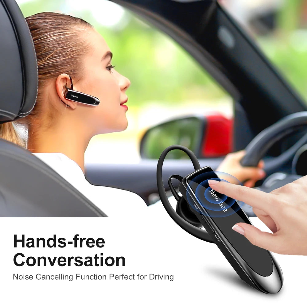 Sleek black wireless Bluetooth headset with ear hook, worn by a driver for hands-free, noise-cancelling calls.