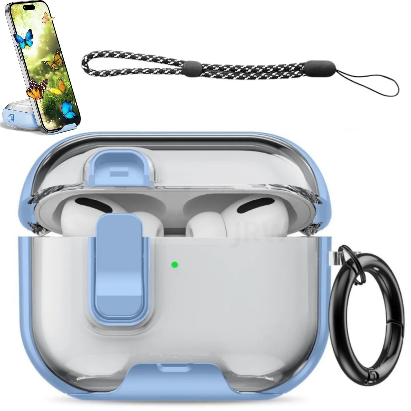 Clear and blue protective case for AirPods Pro with locking clasp, carabiner, and matching lanyard strap.