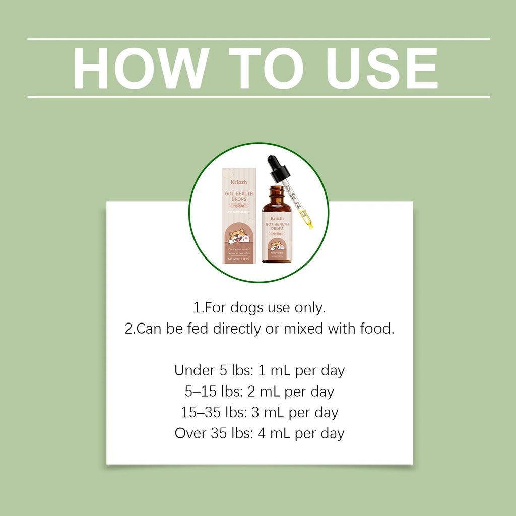 Gut health drops for dogs: brown bottle with dropper and packaging showing dosage instructions based on pet weight.