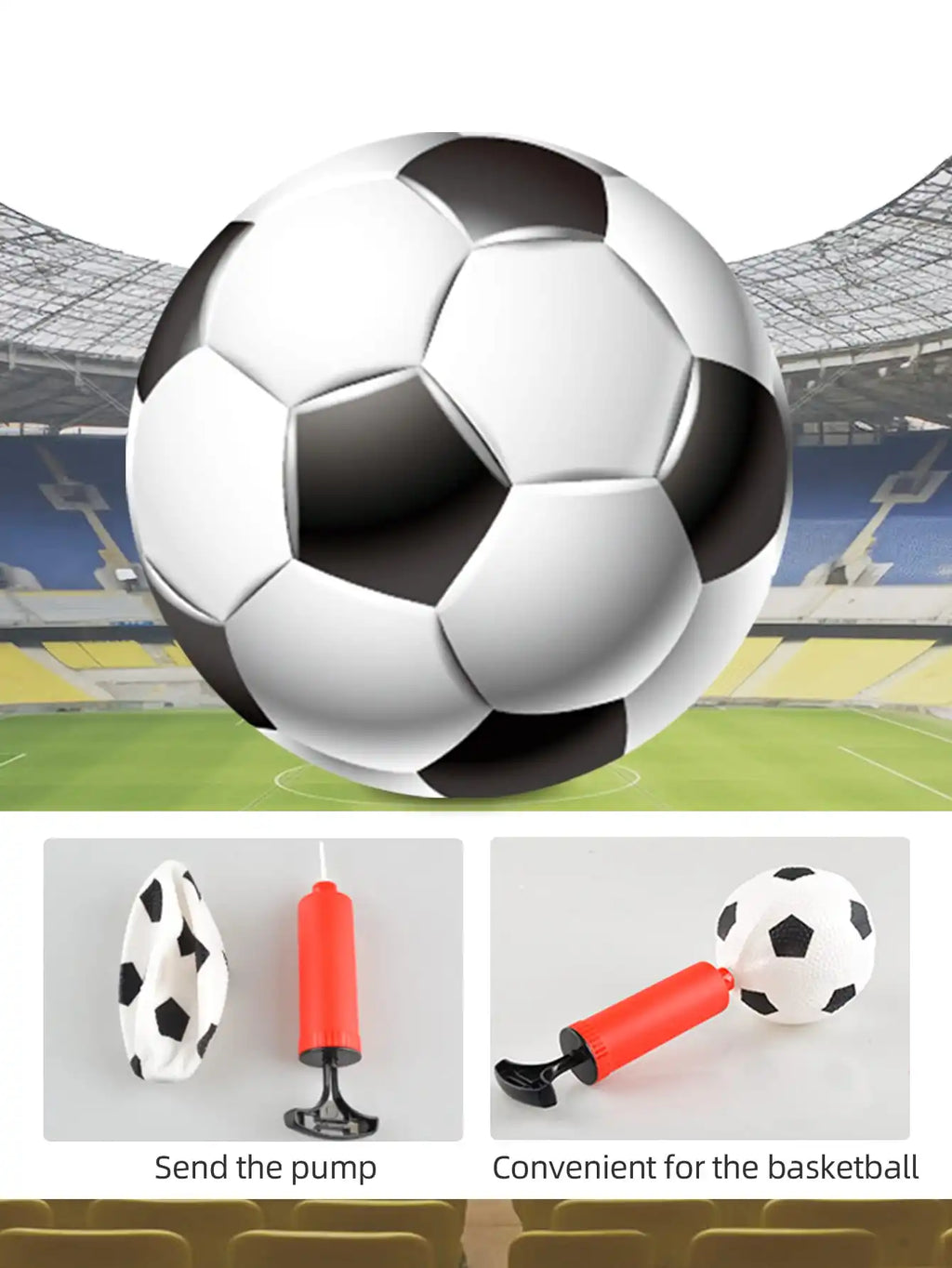 Classic black and white football with an included red handheld pump for easy inflation on a stadium background.