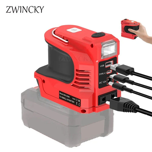 Red 180W power inverter with LED light, USB, Type-C, DC, and AC ports, attached to an 18V power tool battery.