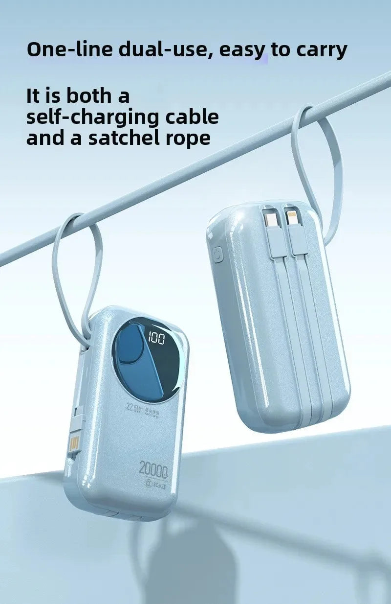 Two light blue 20,000mAh fast-charging power banks with integrated carry-loop cables and digital LED battery display.