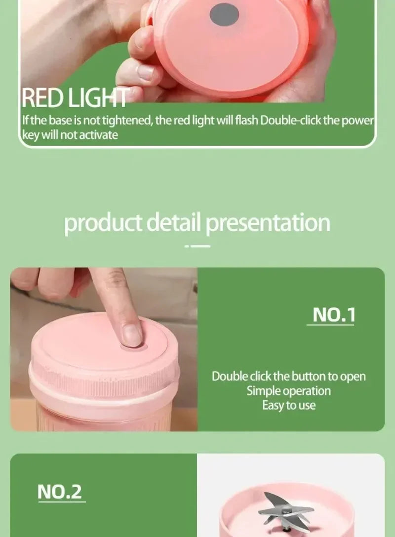 A pink portable mini blender with a button on top and metal blades, featuring instructions for safe operation.