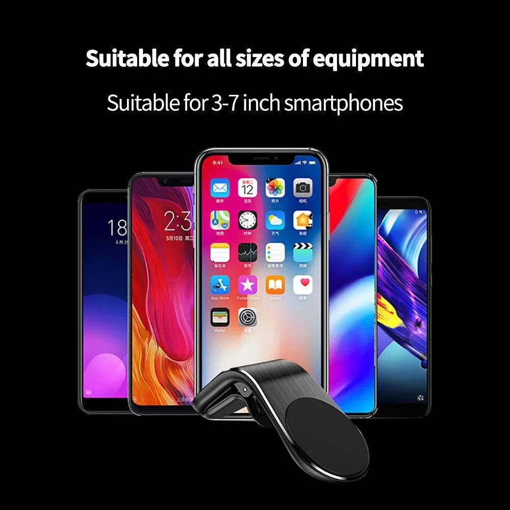 A sleek, black magnetic car phone mount displayed in front of multiple smartphones of varying sizes.