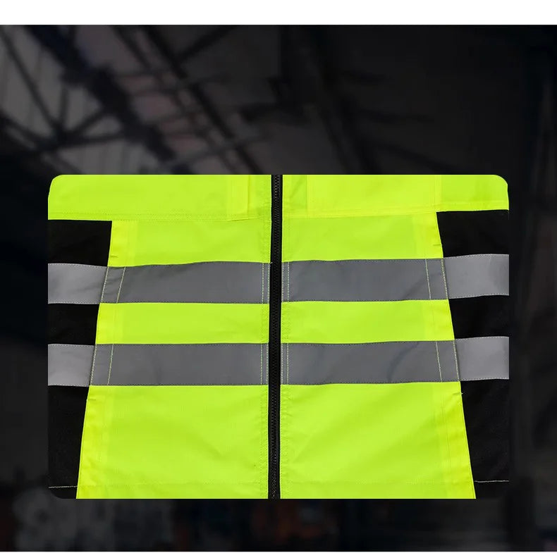 Neon yellow high-visibility work jacket with black side panels and double horizontal reflective strips.