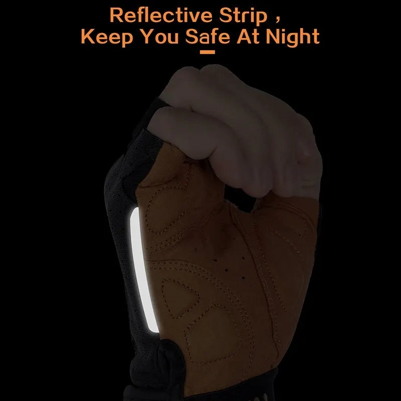 A brown and black fingerless cycling glove with a bright white reflective strip, shown on a hand against a black back.