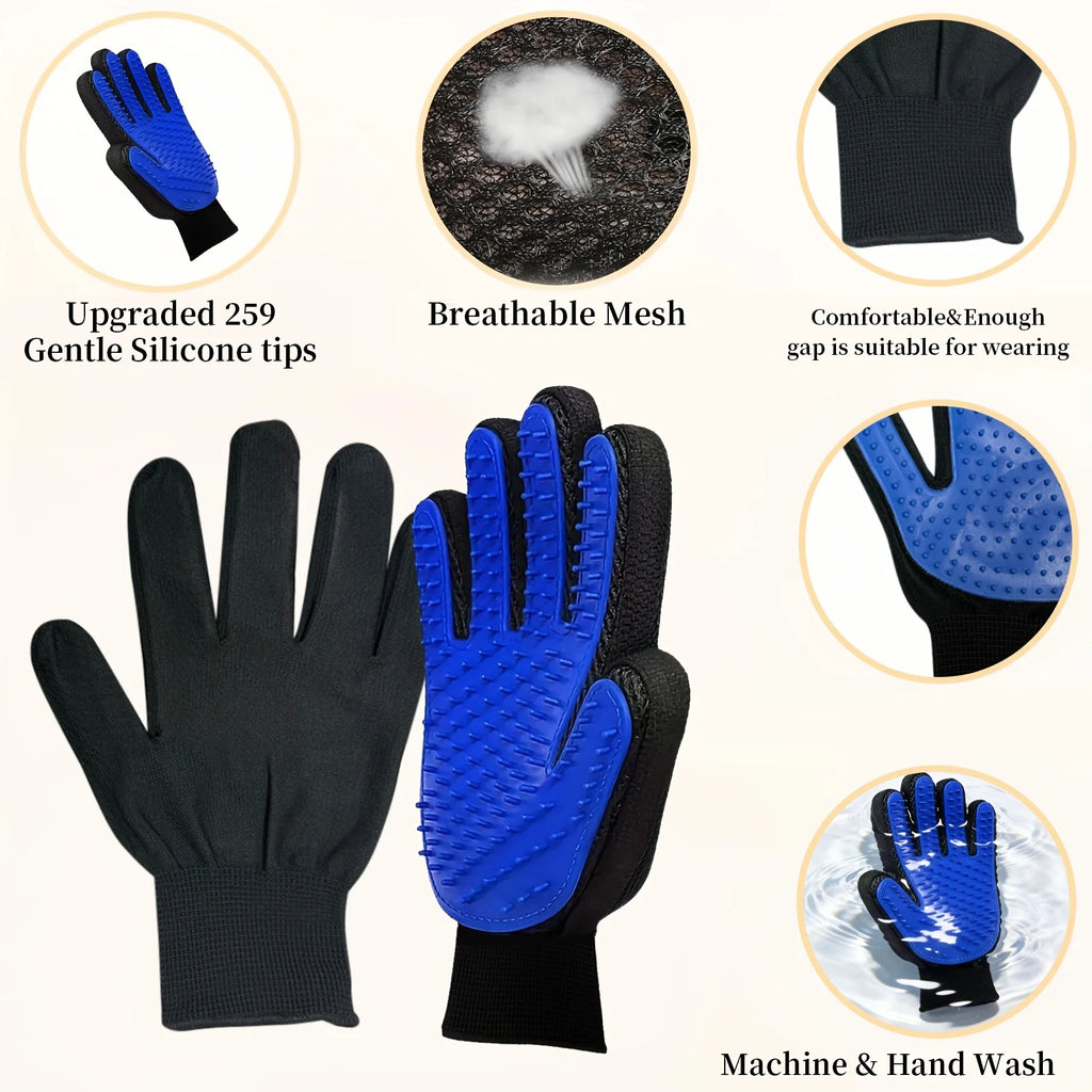 Black pet grooming gloves featuring blue silicone bristles, breathable mesh material, and a comfortable wrist cuff.