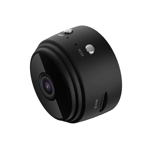 Small, round black plastic mini security camera with a lens, mode button, and Micro SD card slot.