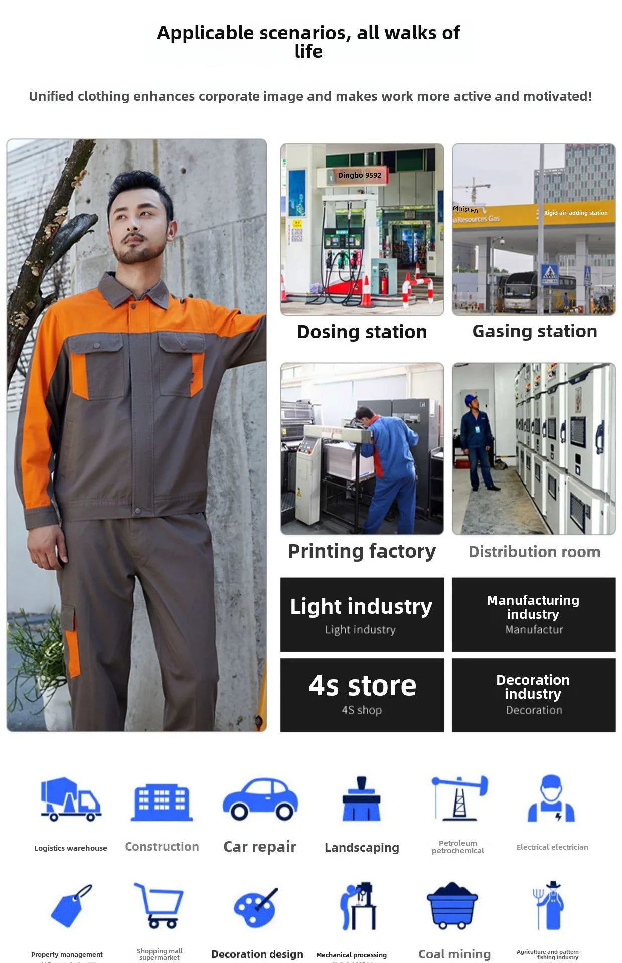 Man wearing a grey and orange work uniform set with buttoned shirt pockets, button front, and matching trousers.