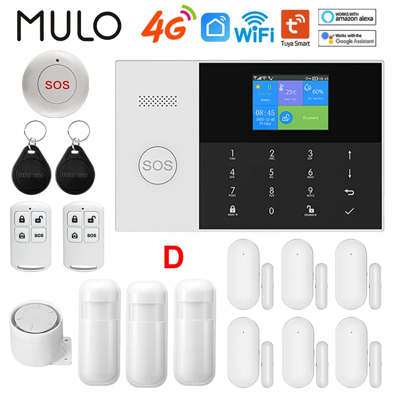 White 4G WiFi home alarm system with touchscreen control panel, remote key fobs, SOS buttons, and motion sensors.