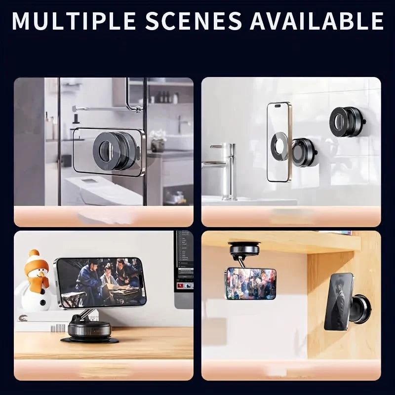 Four-panel collage showing a versatile, black magnetic phone mount used in various home and office settings.