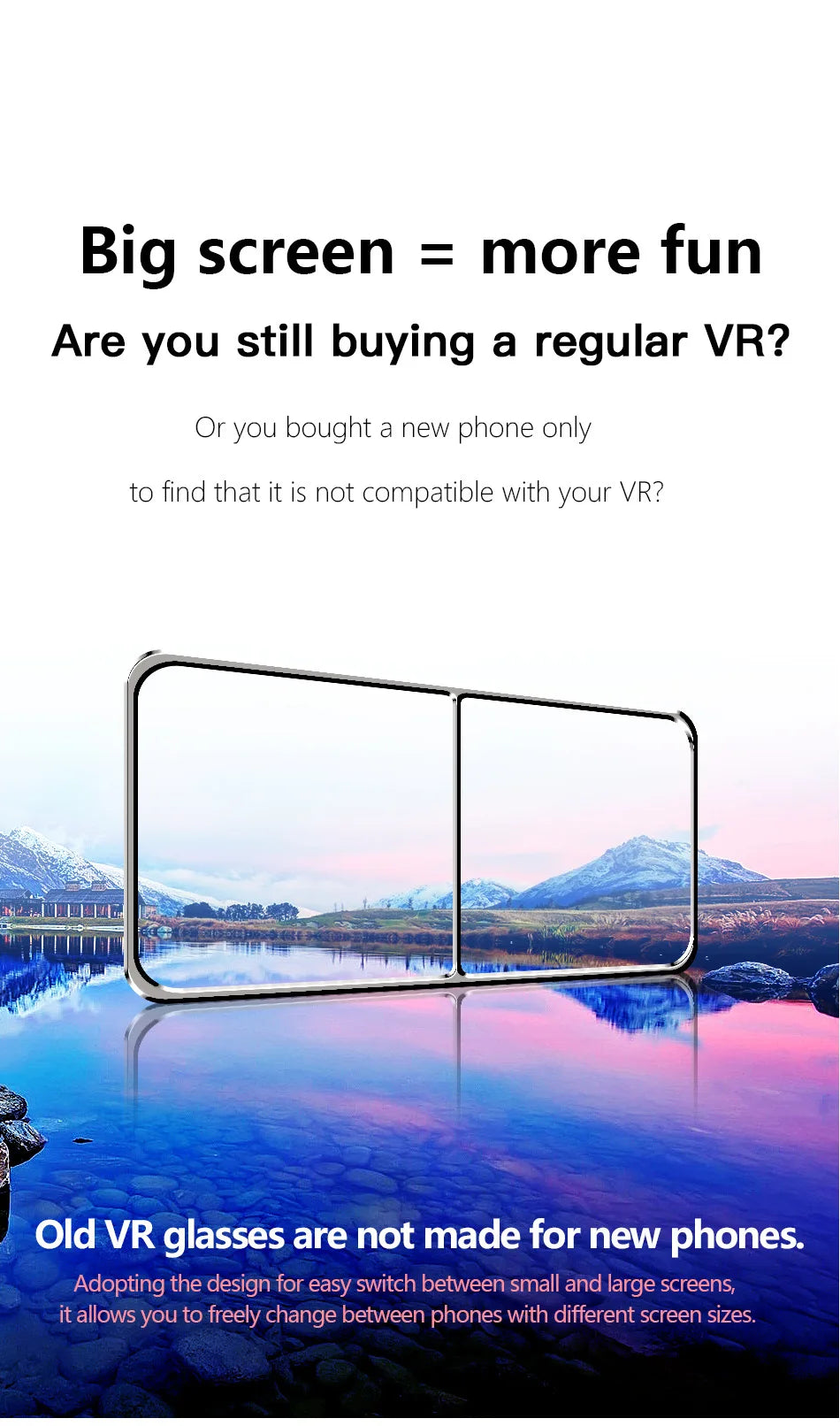 Adjustable VR glasses frame with a sleek, minimalist silver metal design, set against a scenic mountain lake background.