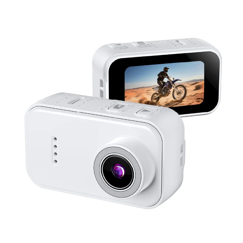 White plastic action camera with a front lens, top control buttons, and a rear display screen showing a motocross rider.