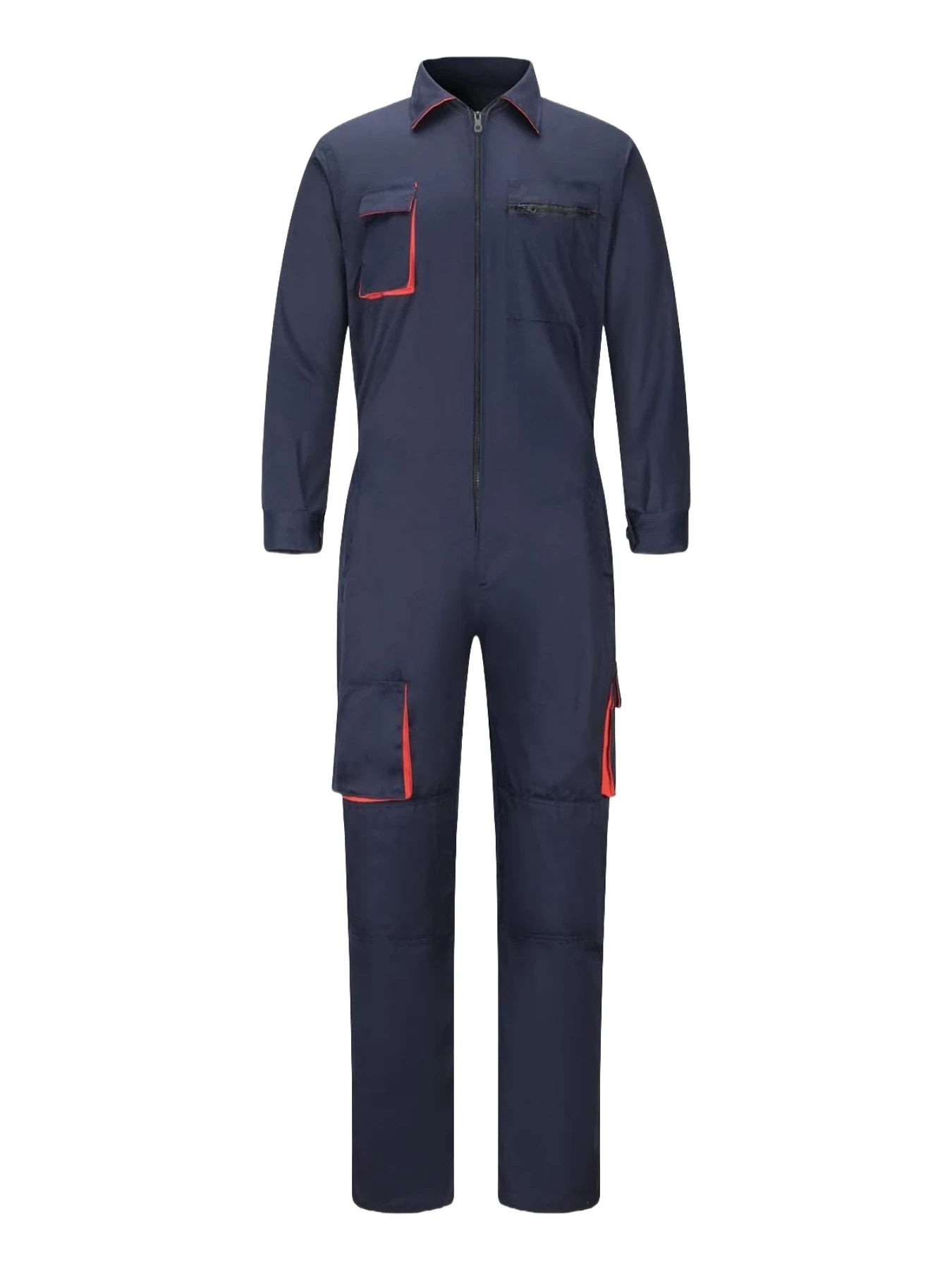 Navy blue heavy-duty workshop coveralls with a zip front, collar, and orange-trimmed utility pockets.